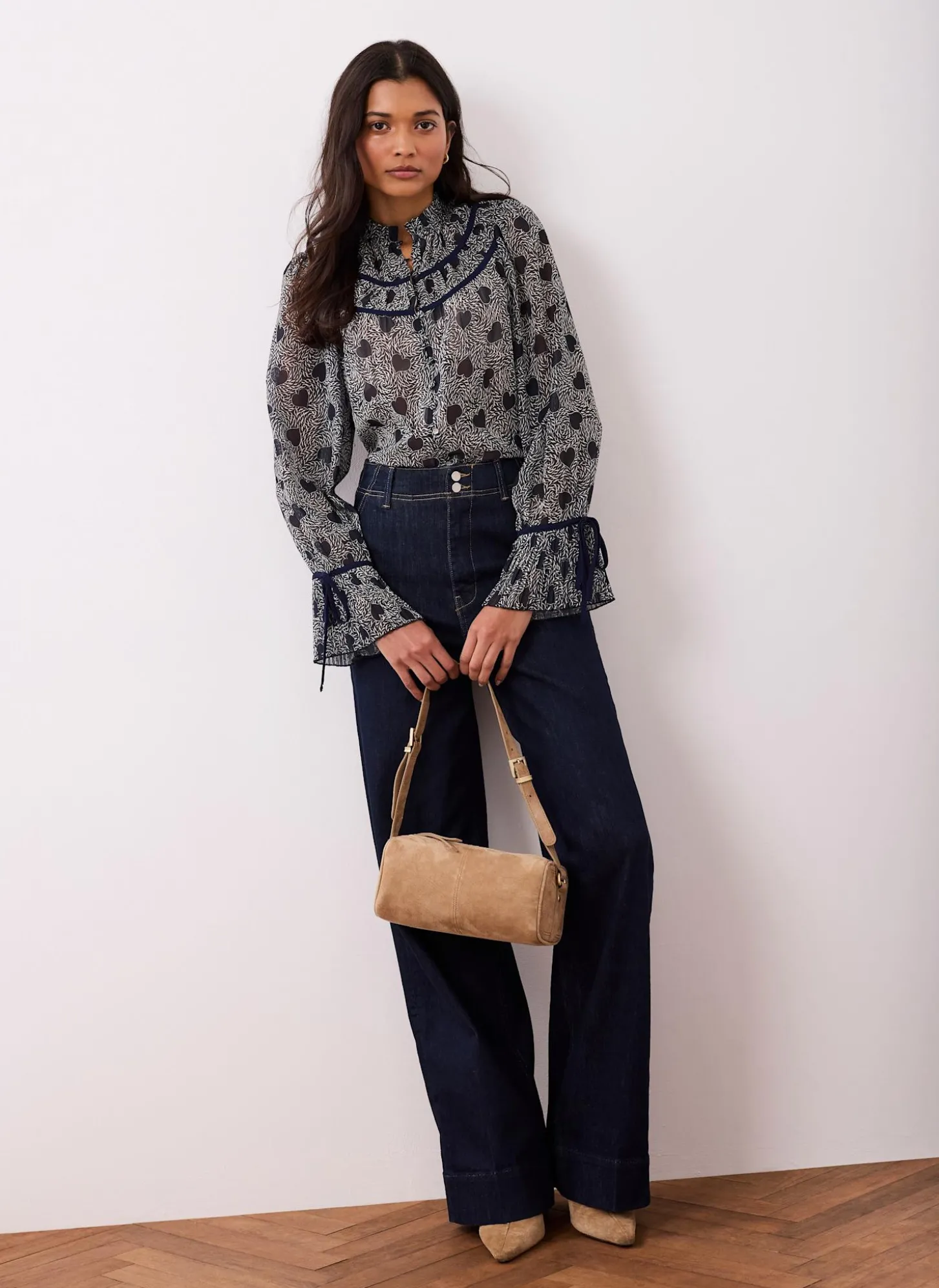 Navy Heart Print Chiffon Blouse