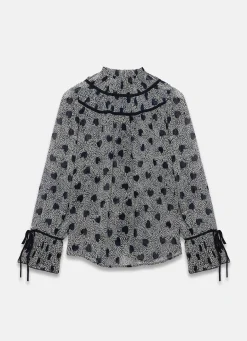 Navy Heart Print Chiffon Blouse