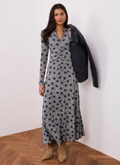 Navy Heart Print Zip Front Midi Dress