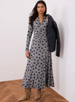 Navy Heart Print Zip Front Midi Dress