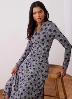 Navy Heart Print Zip Front Midi Dress
