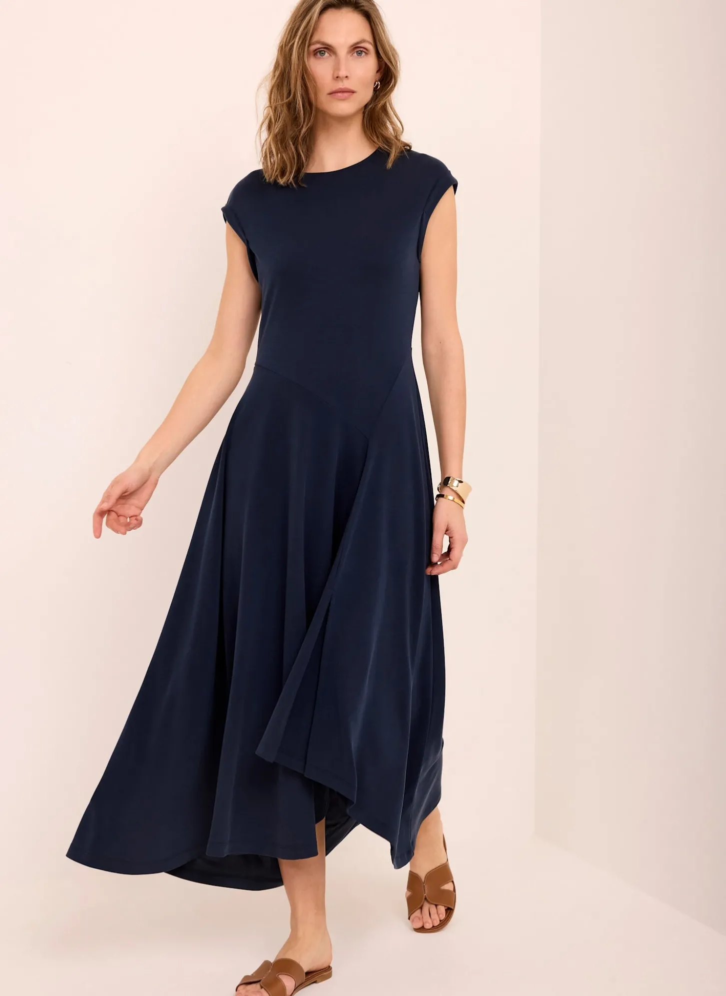 Navy Jersey Asymmetric Midi Dress