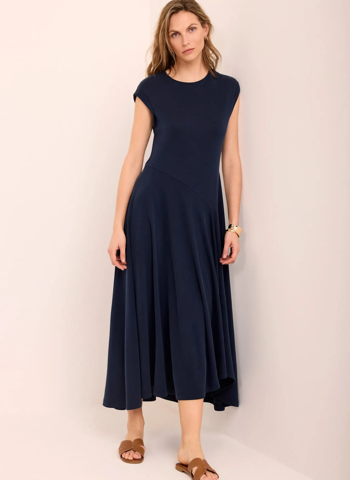 Navy Jersey Asymmetric Midi Dress