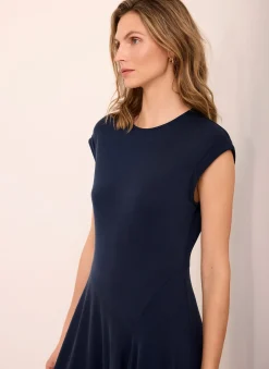 Navy Jersey Asymmetric Midi Dress