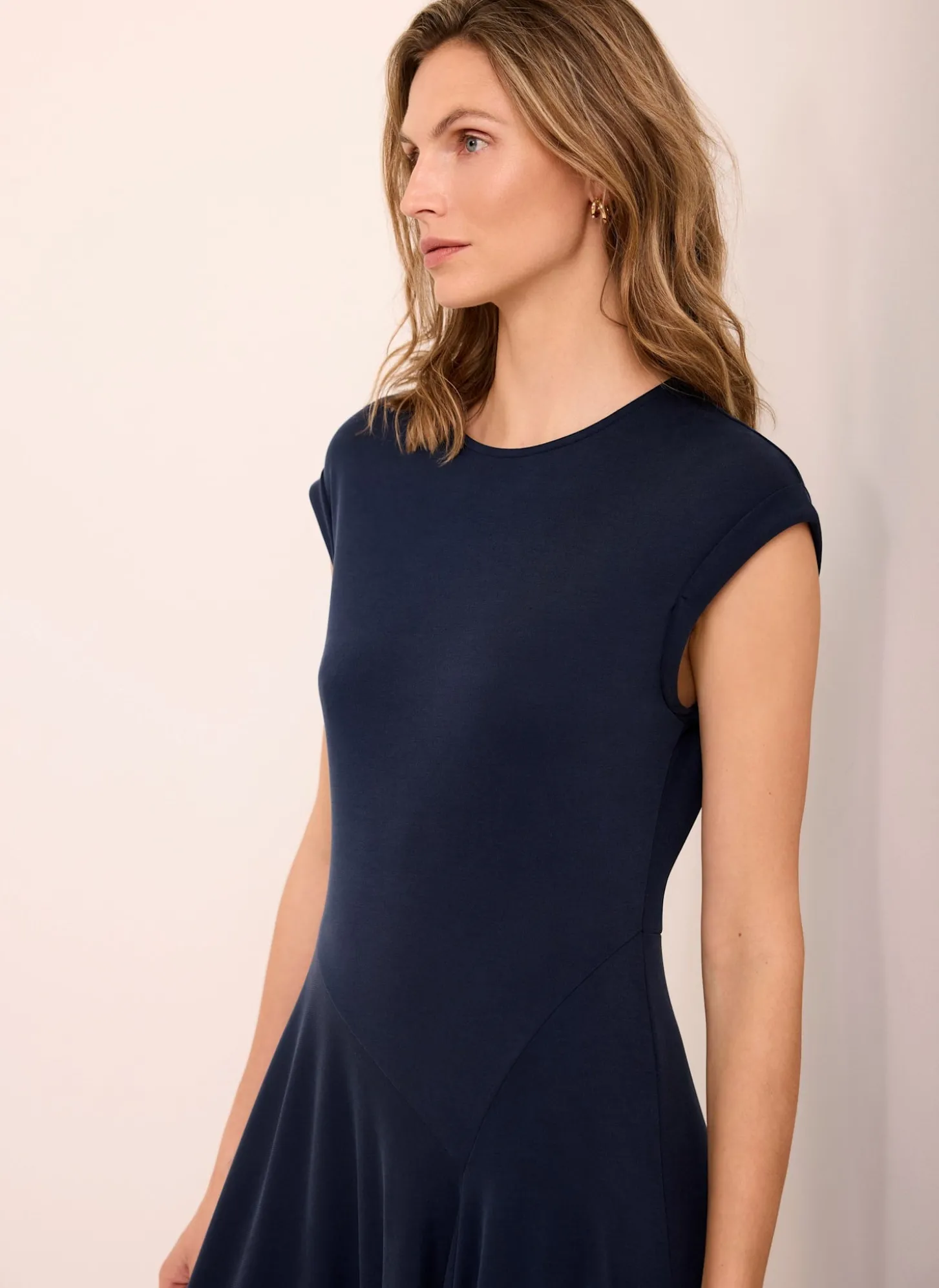 Navy Jersey Asymmetric Midi Dress