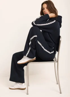 Navy Jersey Crochet Trim Wide Joggers