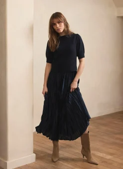 Navy Knit Puff Sleeve Maxi Dress