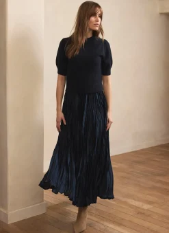Navy Knit Puff Sleeve Maxi Dress