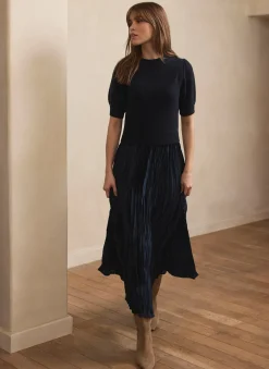 Navy Knit Puff Sleeve Maxi Dress