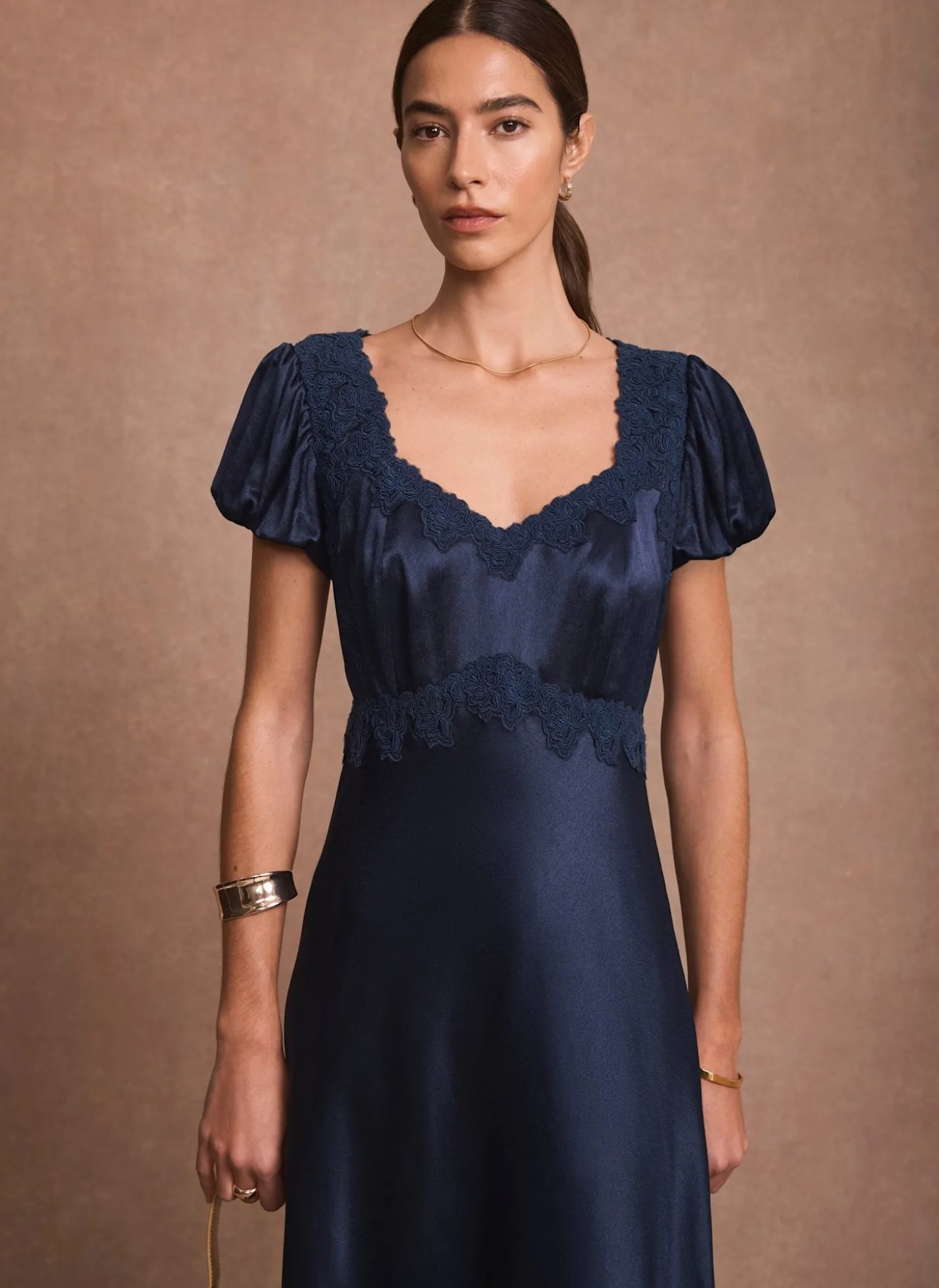 Navy Lace Detail Satin Midi Dress
