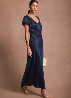 Navy Lace Detail Satin Midi Dress