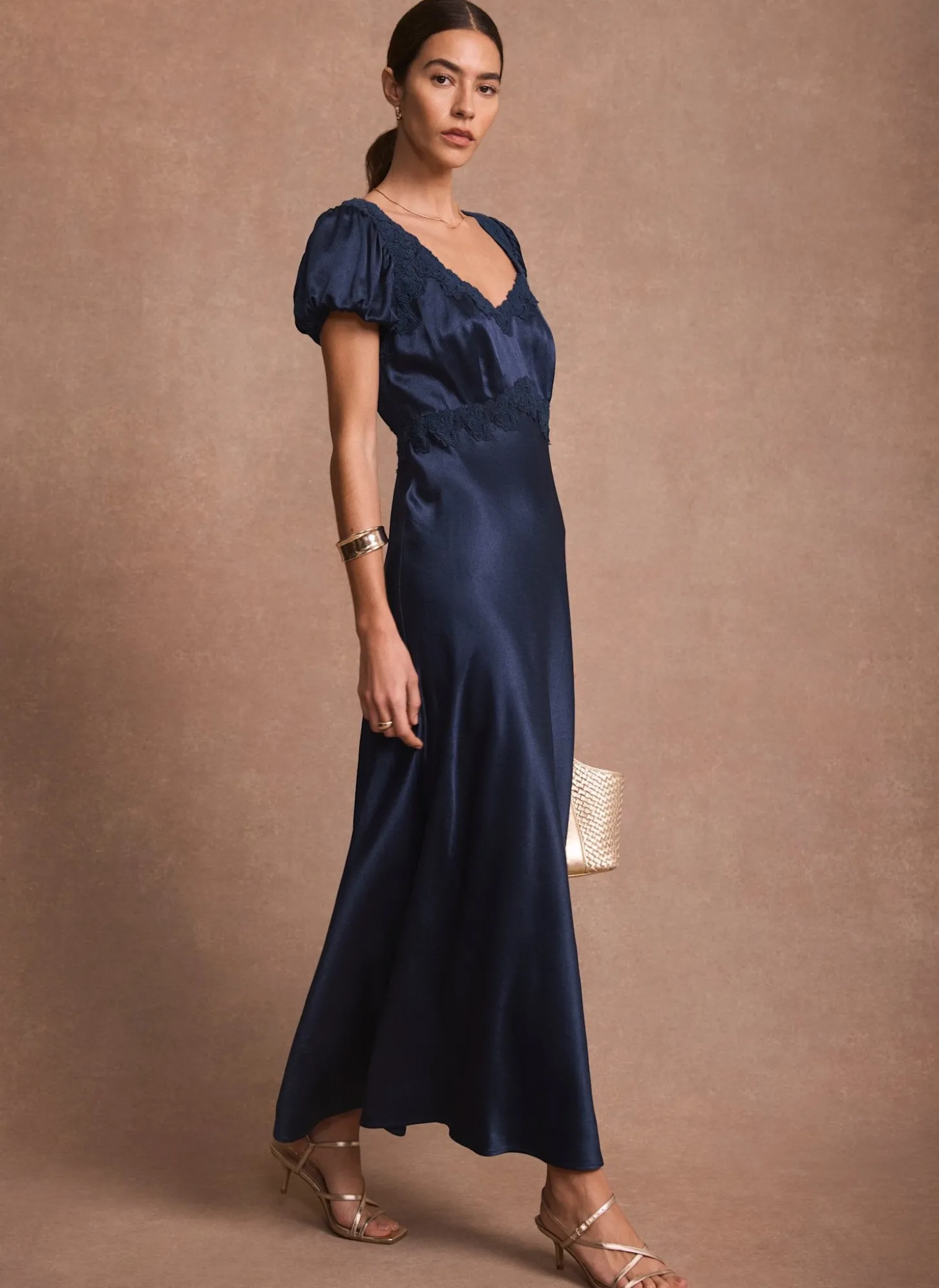 Navy Lace Detail Satin Midi Dress