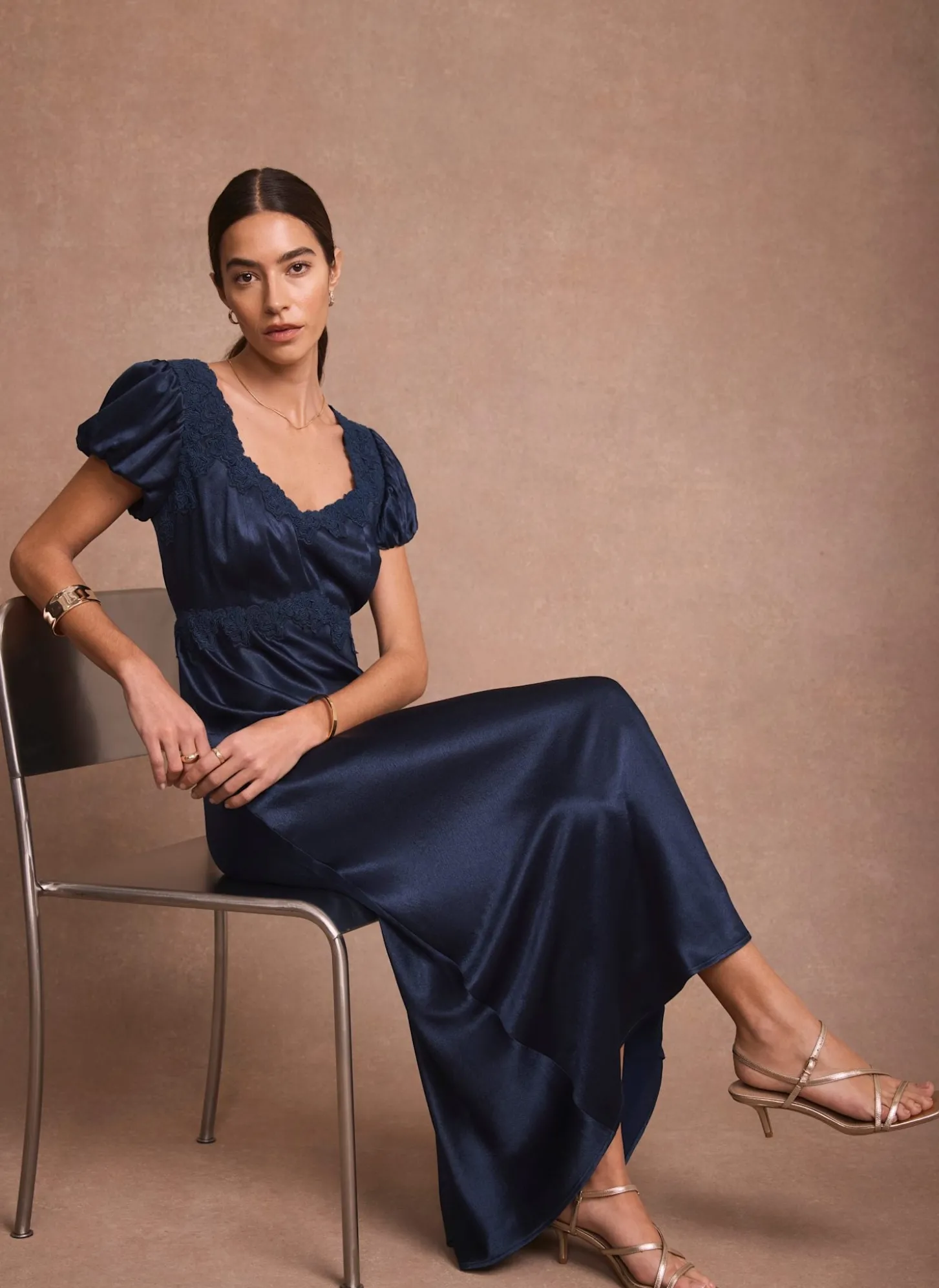 Navy Lace Detail Satin Midi Dress