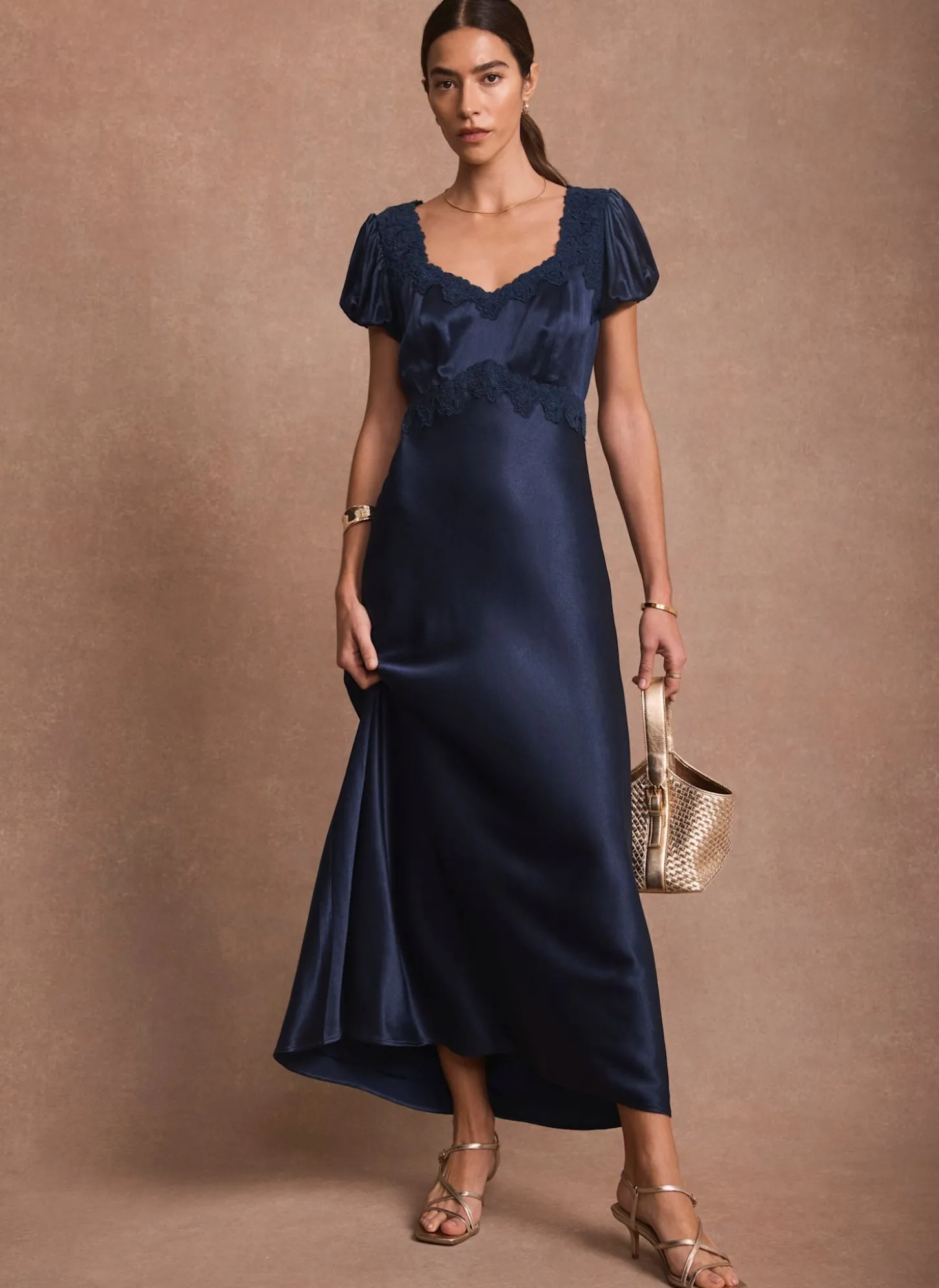 Navy Lace Detail Satin Midi Dress