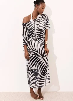 Navy Leaf Print Beach Cover Up