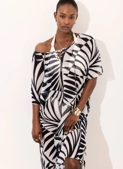 Navy Leaf Print Beach Cover Up
