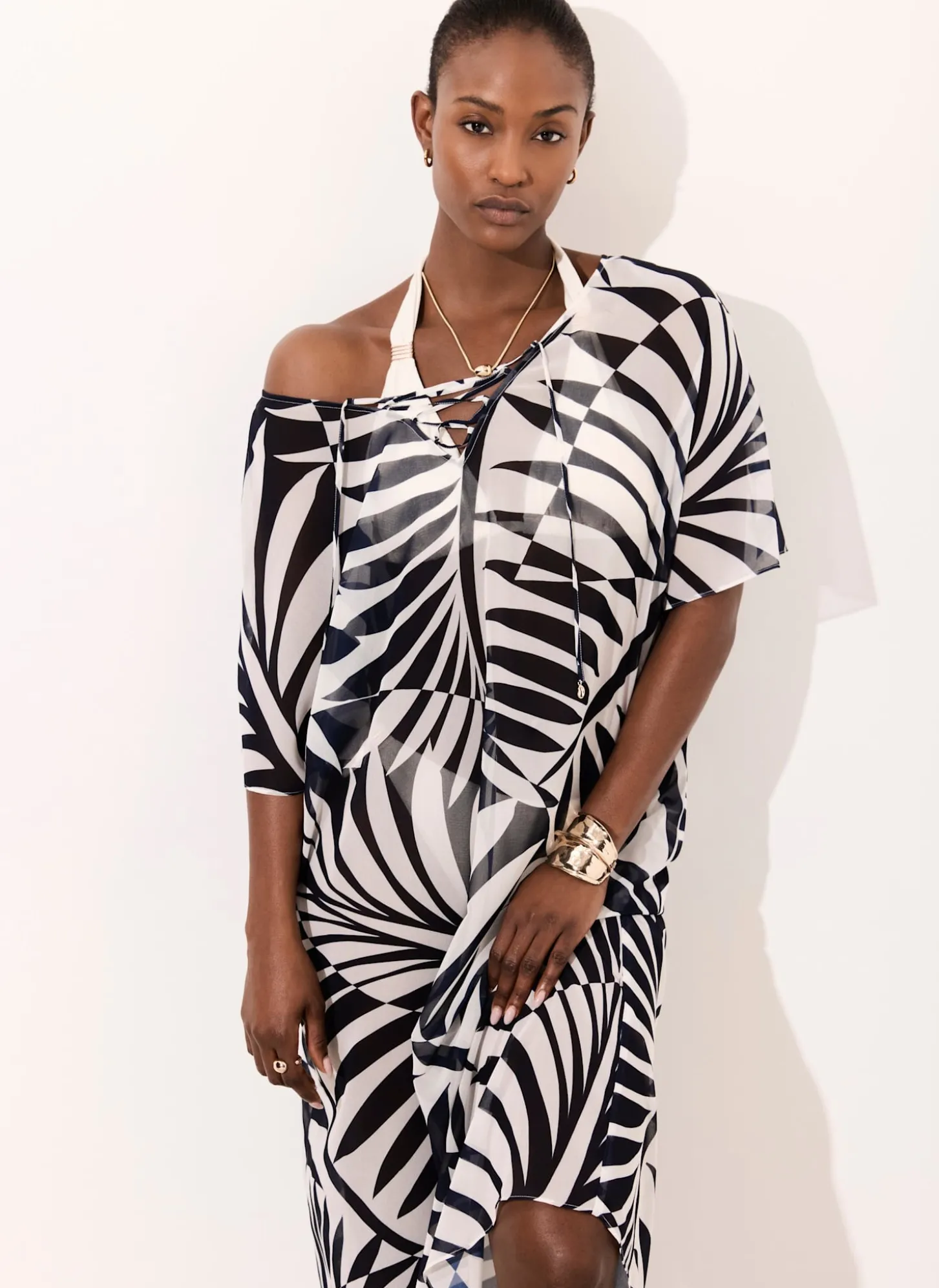 Navy Leaf Print Beach Cover Up