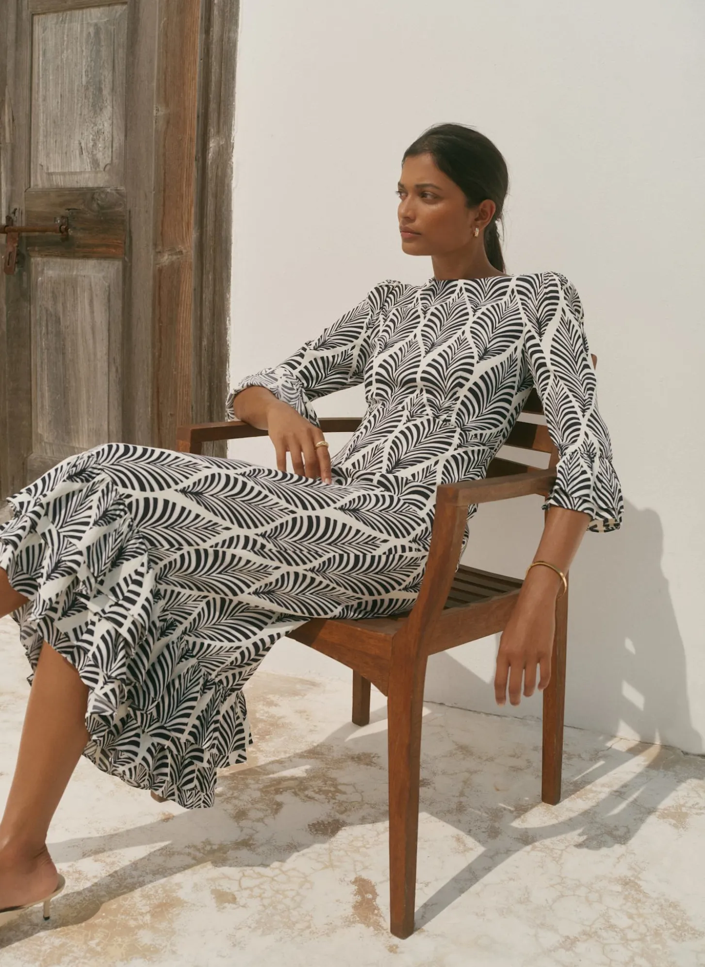 Navy Leaf Print Ruffle Detail Midi Dress