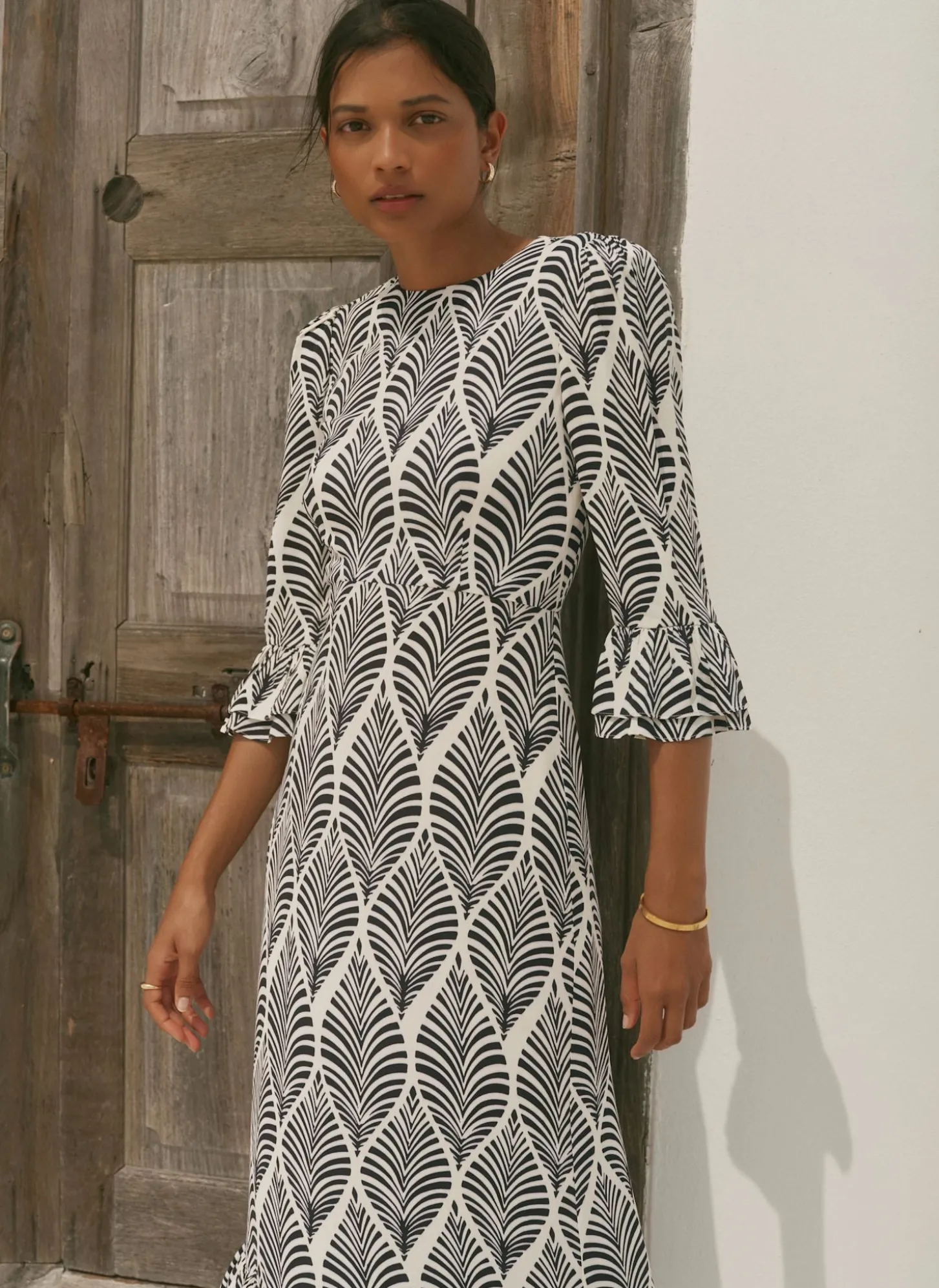 Navy Leaf Print Ruffle Detail Midi Dress