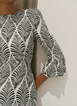 Navy Leaf Print Ruffle Detail Midi Dress
