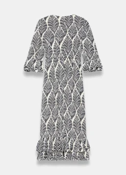 Navy Leaf Print Ruffle Detail Midi Dress