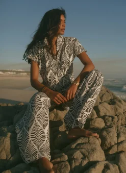 Navy Leaf Print Wide Leg Trousers