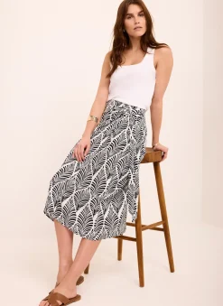 Navy Leaf Print Wrap Midi Skirt