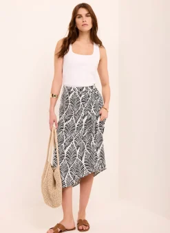 Navy Leaf Print Wrap Midi Skirt