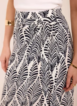 Navy Leaf Print Wrap Midi Skirt