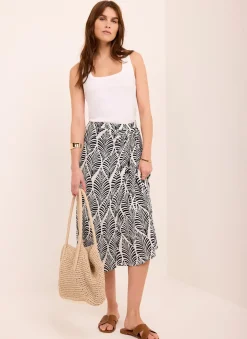 Navy Leaf Print Wrap Midi Skirt