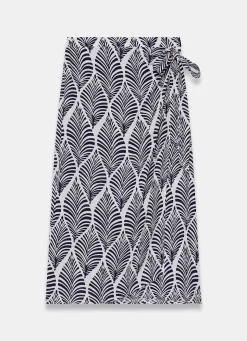 Navy Leaf Print Wrap Midi Skirt