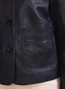 Navy Leather Scallop Detail Jacket