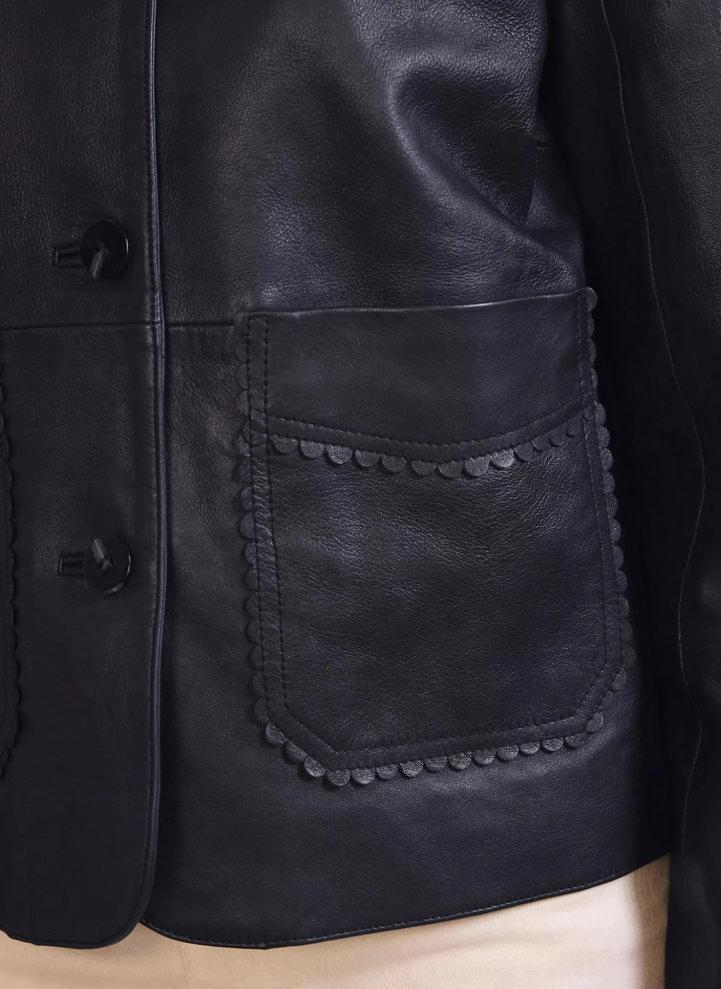 Navy Leather Scallop Detail Jacket