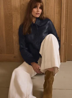 Navy Leather Scallop Detail Jacket