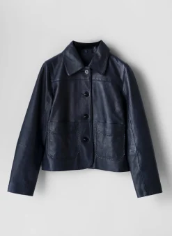 Navy Leather Scallop Detail Jacket