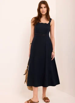 Navy Linen Scallop Trim Midi Dress