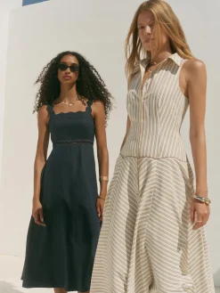 Navy Linen Scallop Trim Midi Dress