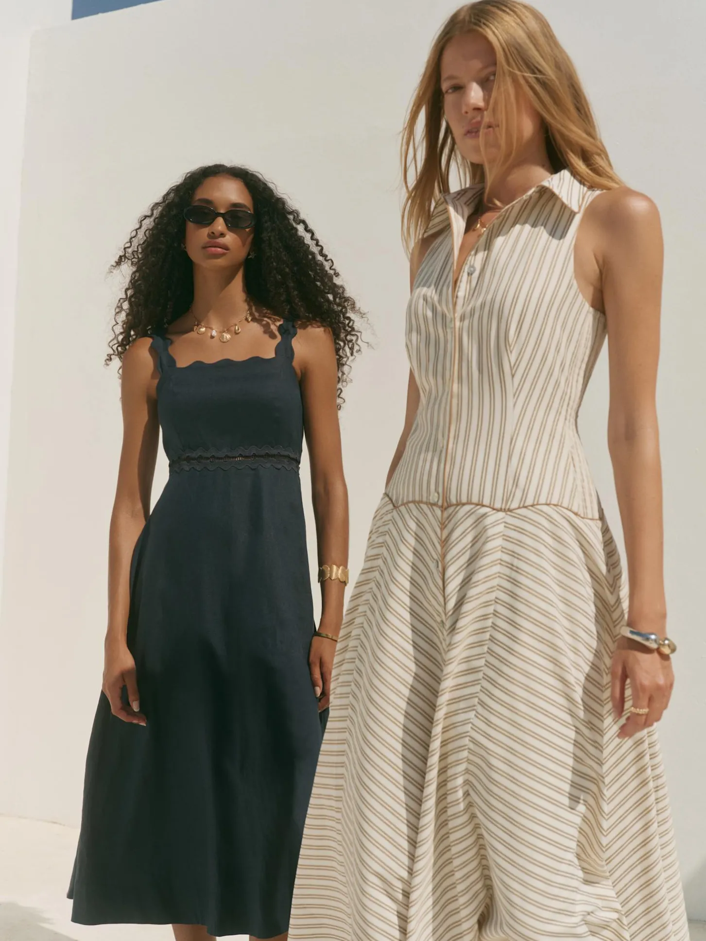 Navy Linen Scallop Trim Midi Dress