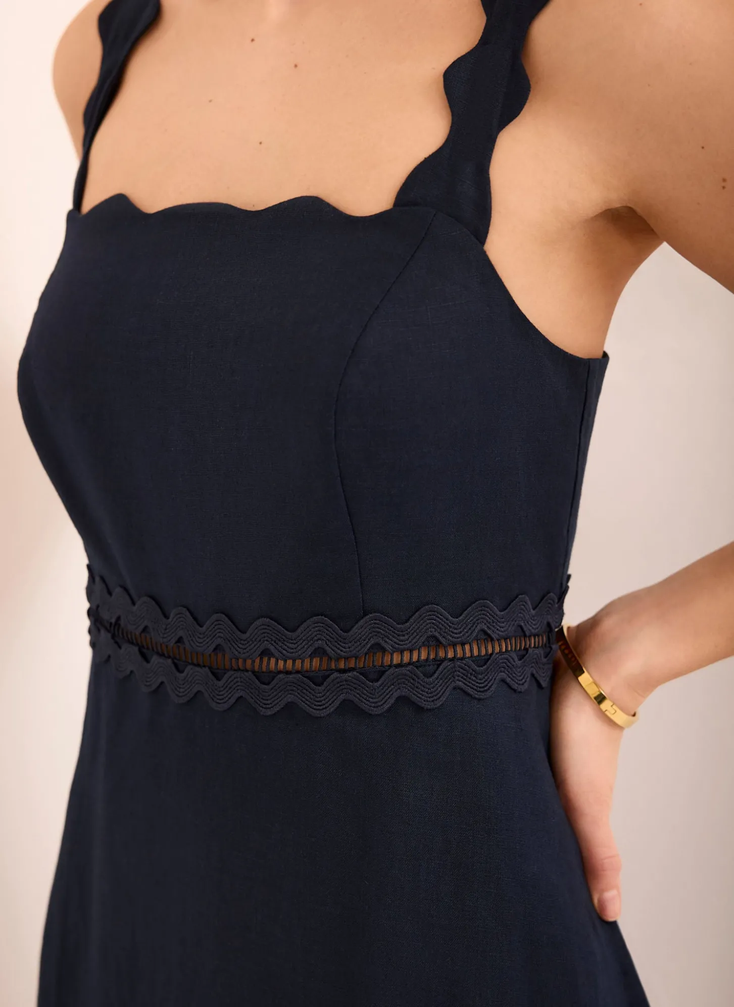Navy Linen Scallop Trim Midi Dress
