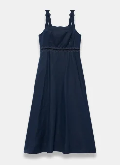 Navy Linen Scallop Trim Midi Dress