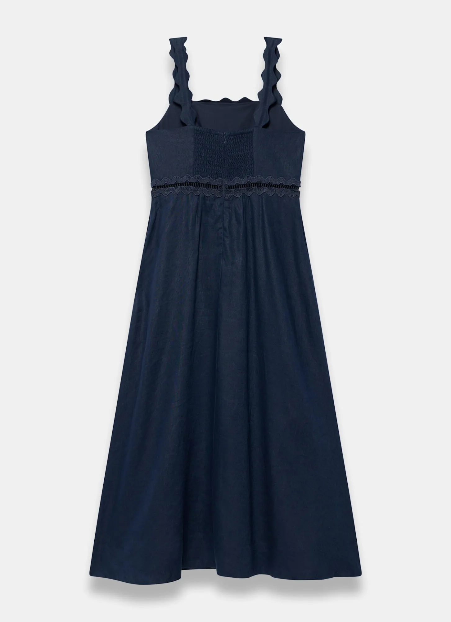 Navy Linen Scallop Trim Midi Dress