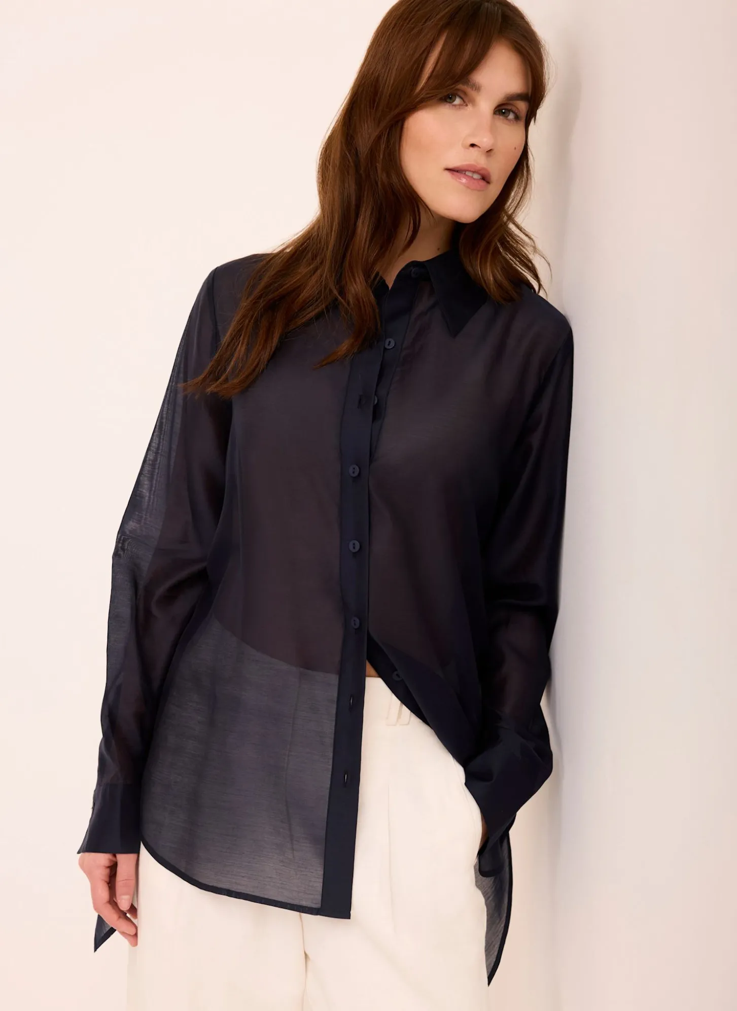 Navy Longline Tie Back Sheer Shirt