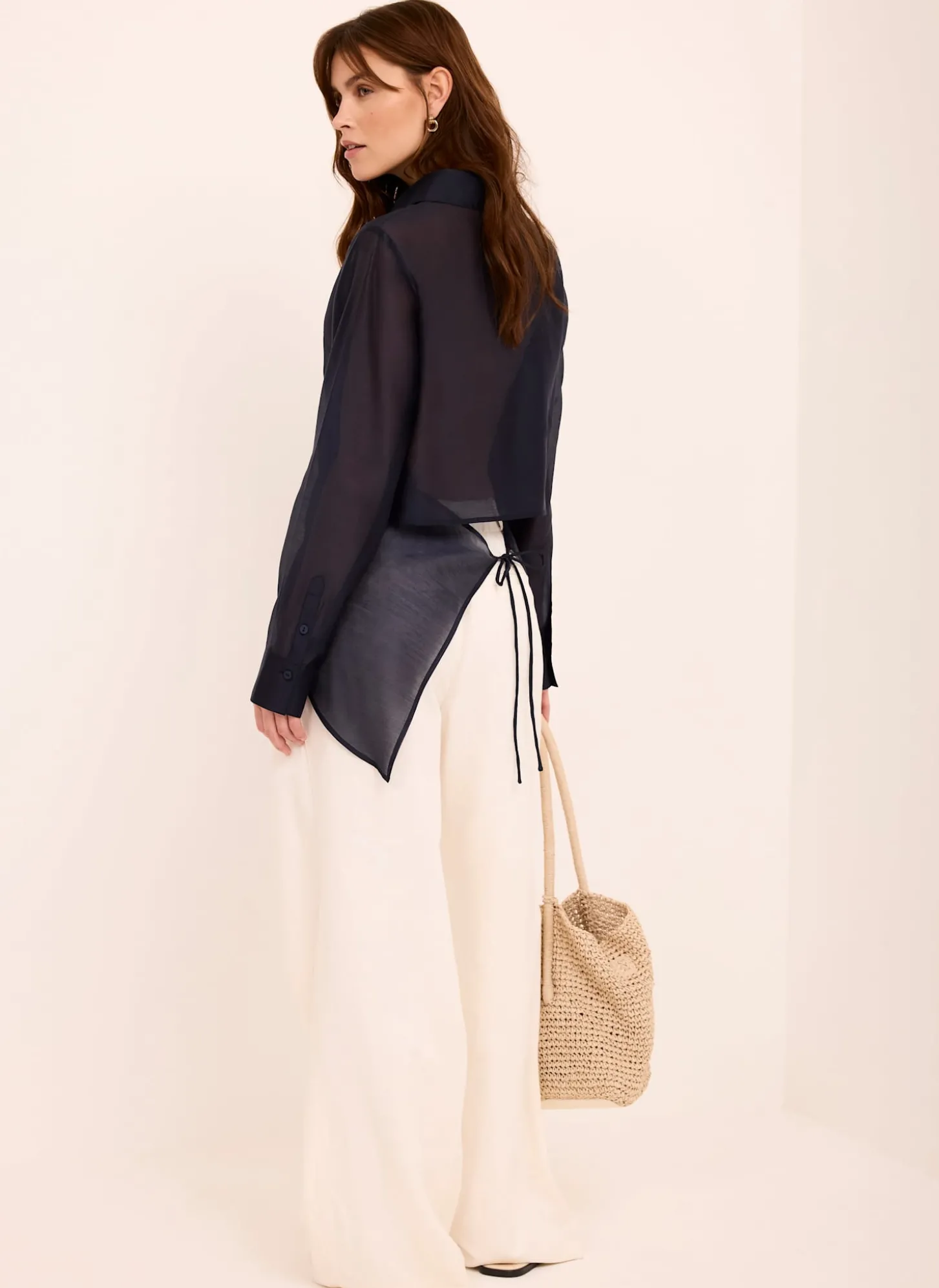 Navy Longline Tie Back Sheer Shirt