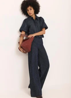 Navy Paisley Denim Wide Jeans