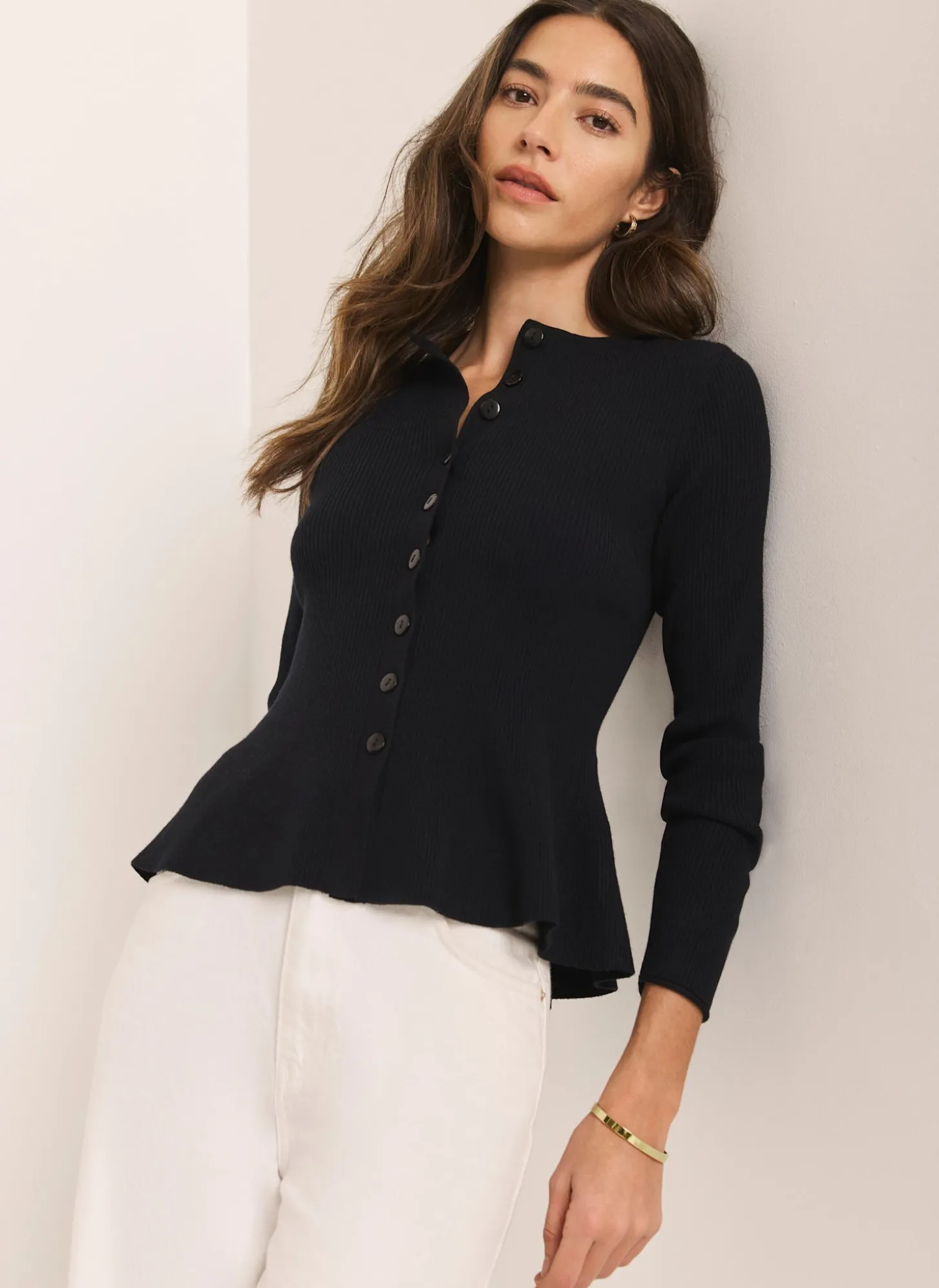 Navy Peplum Knit Cardigan