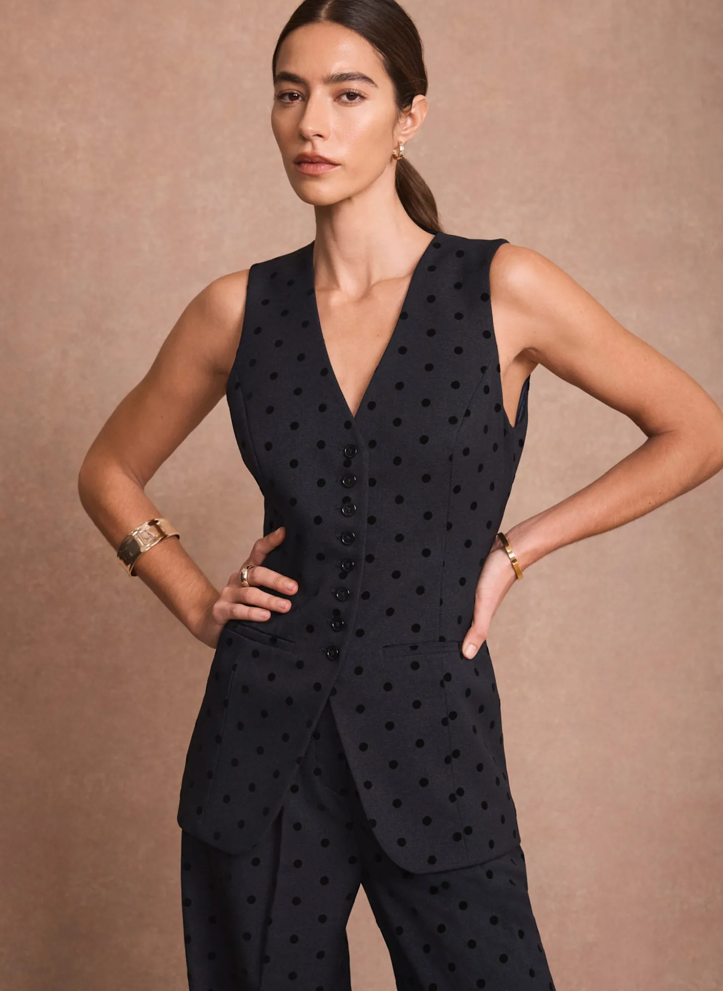 Navy Polka Dot Longline Waistcoat