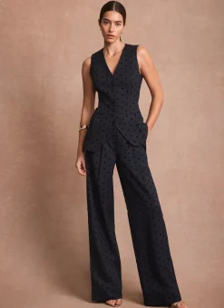 Navy Polka Dot Wide Leg Trousers