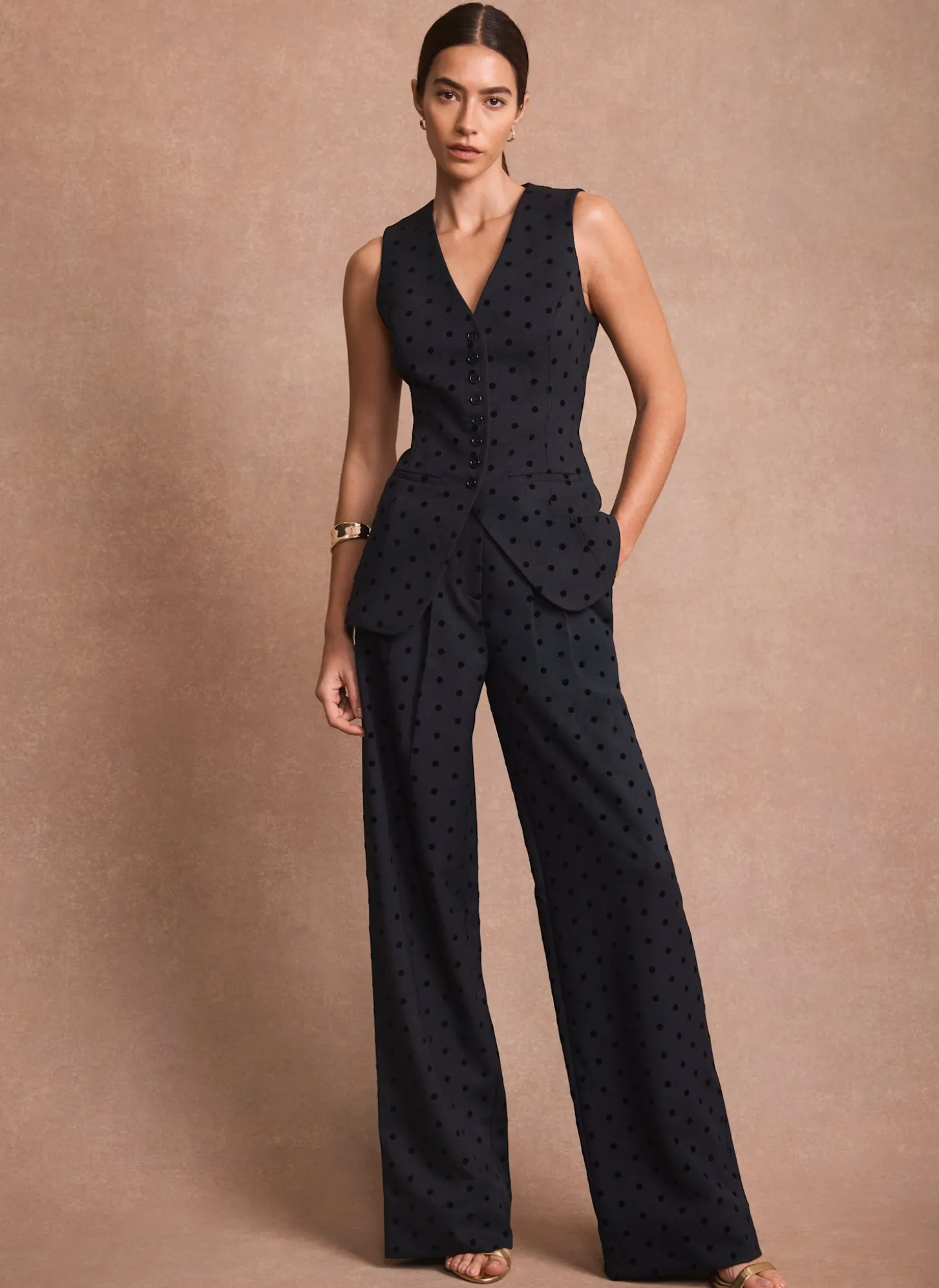 Navy Polka Dot Wide Leg Trousers