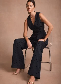 Navy Polka Dot Wide Leg Trousers
