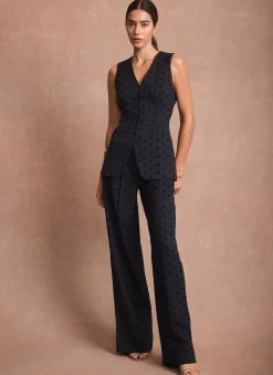 Navy Polka Dot Wide Leg Trousers